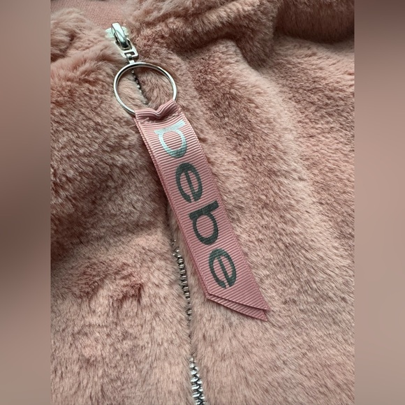 BEBE Sport Women’s Pink Faux Fur Coat Sip Front Warm Hood Jacket Medium M - Picture 3 of 8